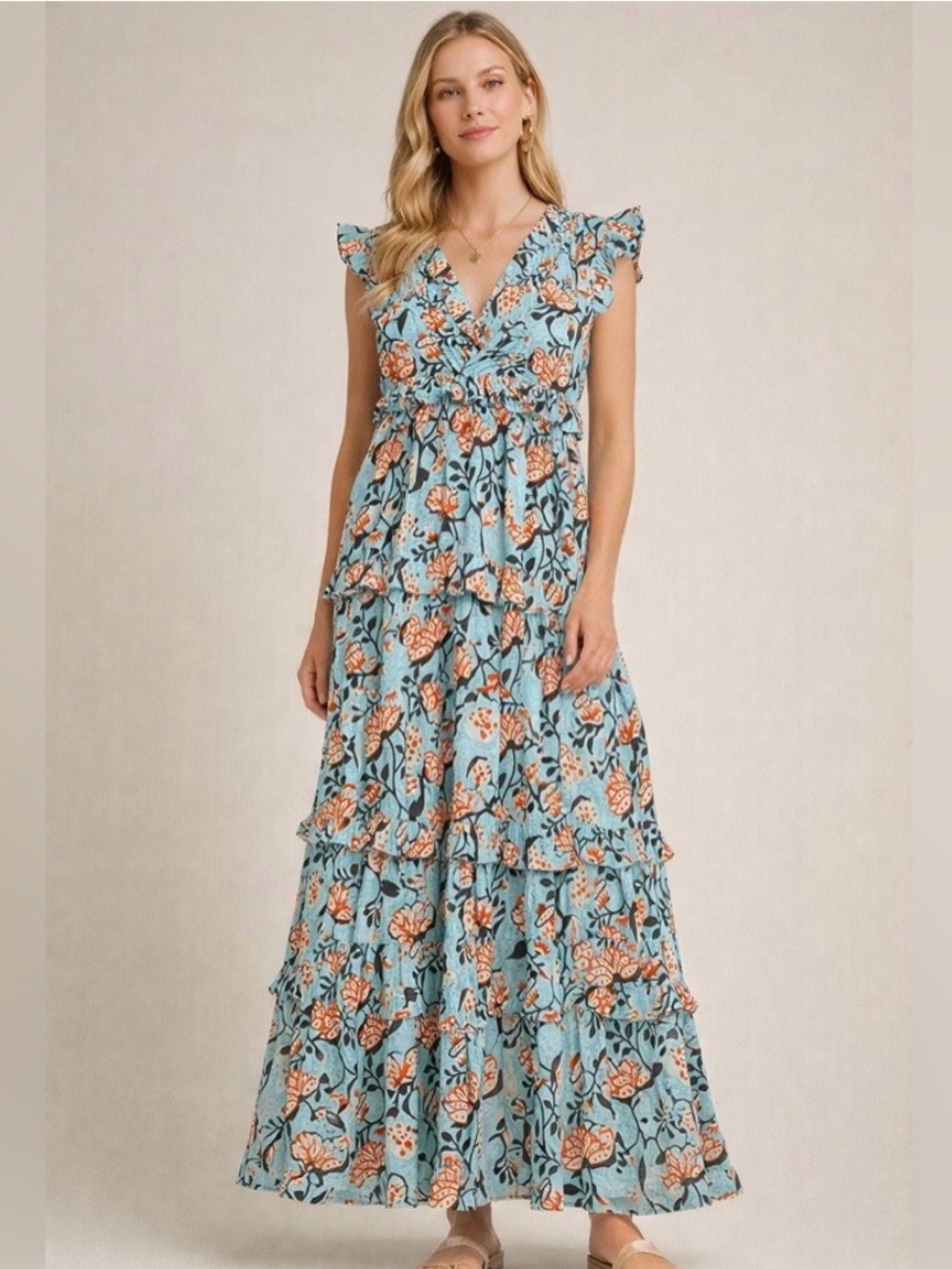Bindu Kassandra Sleeveless  Ruffle Maxi in Turq Blue/Coral/Brown Floral Print L